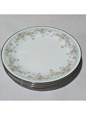 4 Noritake Spring Field Dinner Plates delicate flowers vtg Japan silver rim gree